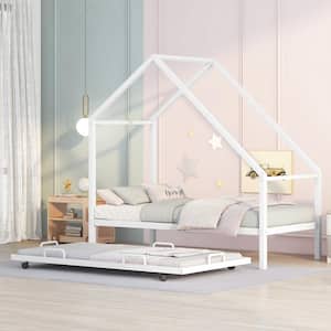 White Twin Size Metal House Bed Kids Bed with Trundle