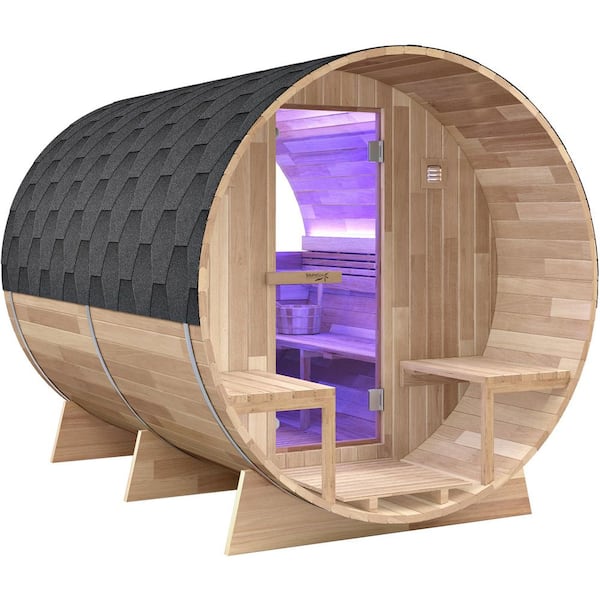 6-Person Outdoor White Cedar Barrel Wet/Dry Sauna with 6kW TOULE Rock Heater, Front Porch, and Scenic Wide Viewing Port