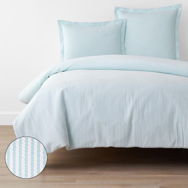 Seersucker Blue and White Stripe Cotton Comforter Set – Sky Iris