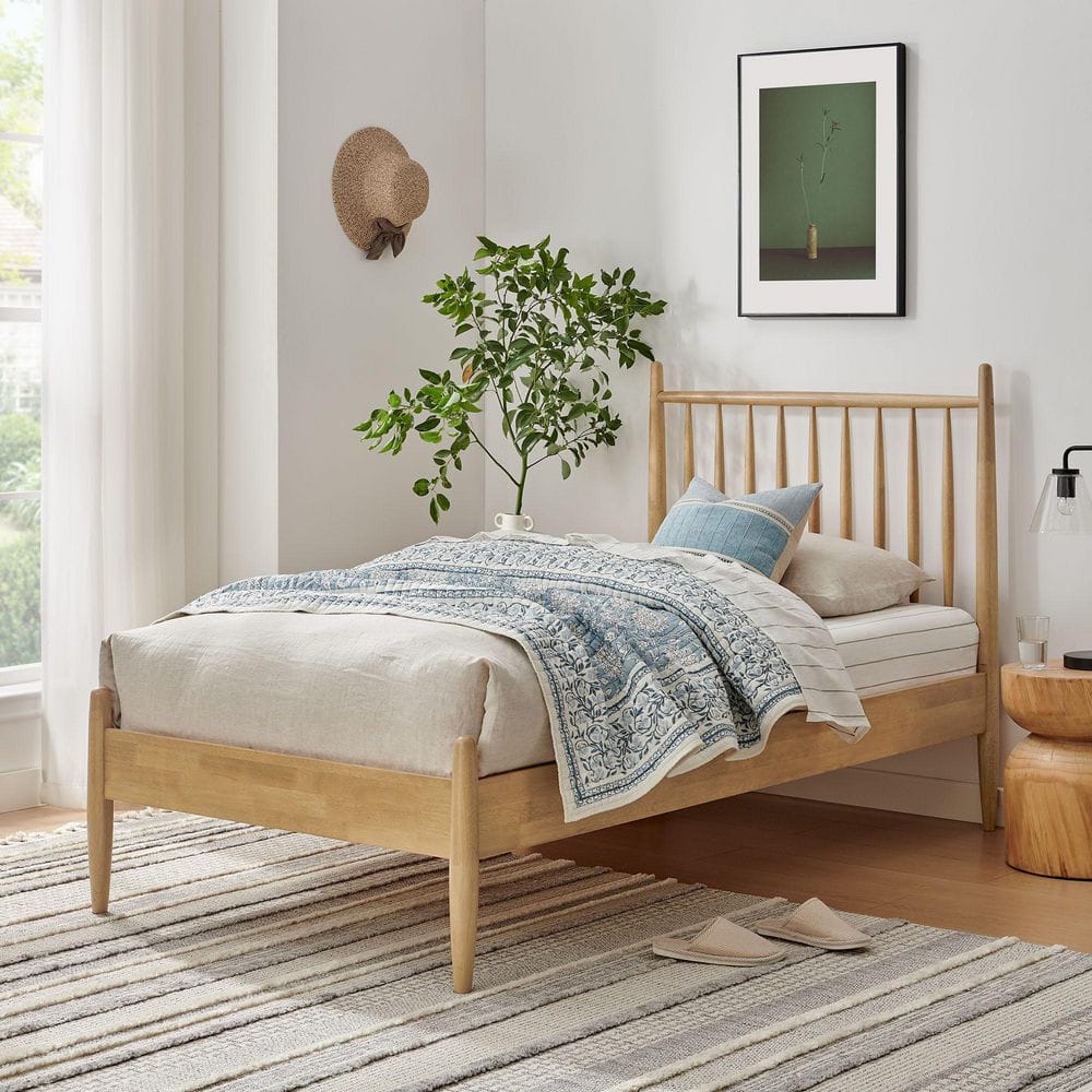 MODWAY Zane Light Oak Brown Solid Rubberwood Frame Twin Spindle