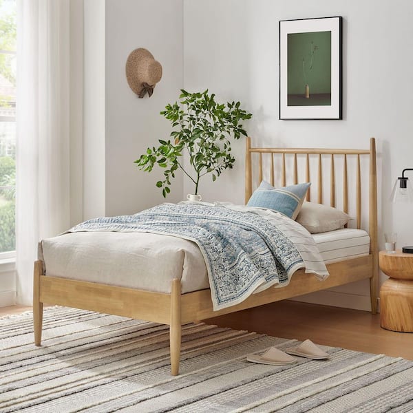 Zane Light Oak Brown Solid Rubberwood Frame Twin Spindle Platform Bed