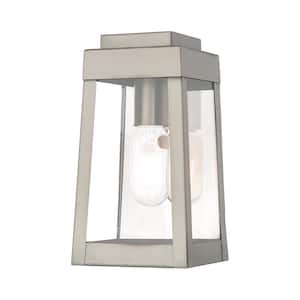 Vaughn 9.5 in. 1-Light Brushed Nickel Outdoor Hardwired Wall Lantern Sconce with No Bulbs Included