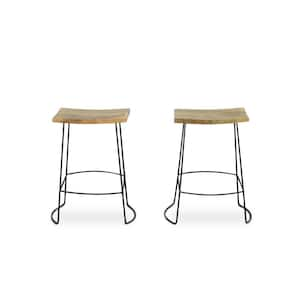 25 in. Natural Backless Metal Counter Height Bar Chair with Wood Seat Set of 2