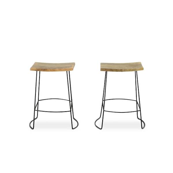 HomeRoots 25 in. Natural Backless Metal Counter Height Bar Chair with Wood Seat Set of 2