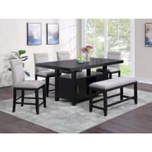 Yves Black Counter Height Wood Storage Dining Set 6 Piece with 4 Gray Upholstered Side Chairs, 1 Bench & 1 14 in. Leaf