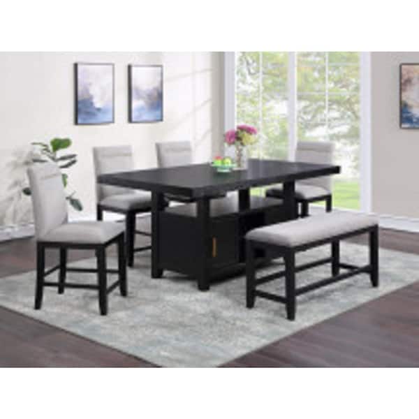 Steve Silver Yves Black Counter Height Wood Storage Dining Set 6 Piece with 4 Gray Upholstered Side Chairs, 1 Bench & 1 14 in. Leaf