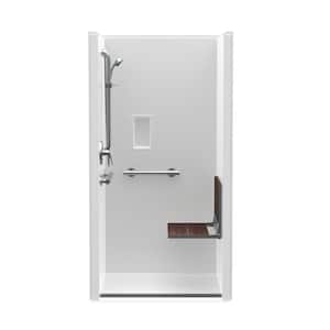 Trench Drain 36 in. x 36 in. x 76-3/4 in. Shower Stall Right Walnut Seat with Grab Bars and Shower Valve in White