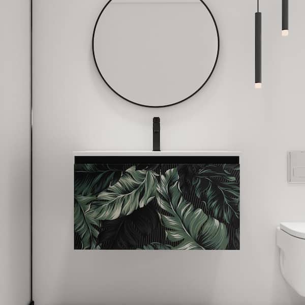 30 in. W x 18.3 in. D x 17.3 in. H Wall Mounted Bath Vanity in Black with White Ceramic Vanity Top