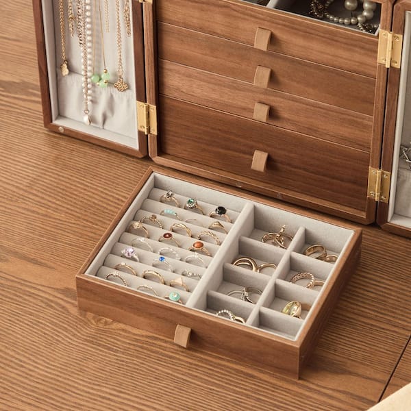 Lesly 9 in. Wide Walnut Color with Wooden Flower Window Door