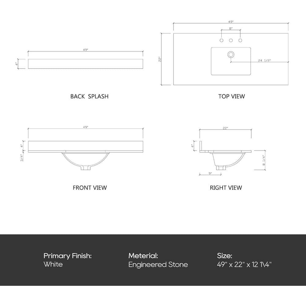 49'' White Engineered Stone Bathroom Vanity Top with Ceramic Sink