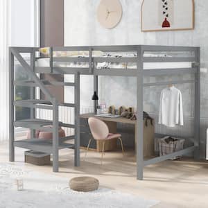 Gray Full Size Loft Bed with Built-in Storage Staircase and Hanger for Clothes