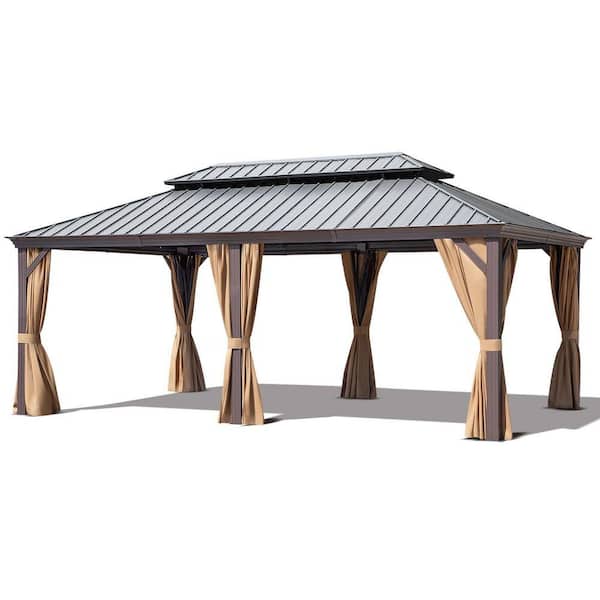12 ft. x 20 ft. Black Double-Tier Hardtop Aluminum Gazebo with Reinforced Galvanized Steel Roof Curtain and Netting