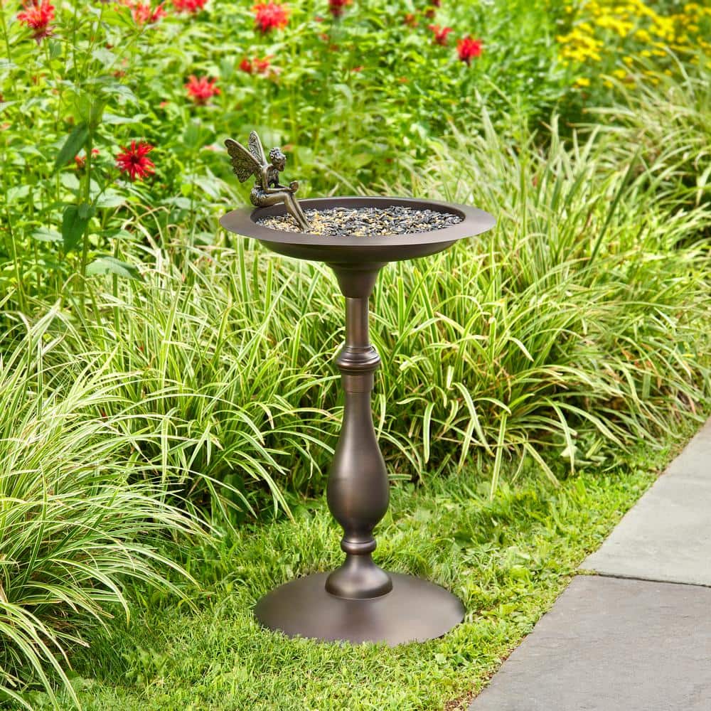 Bronze Fairy Pedestal Bird Bath with Brass Basin