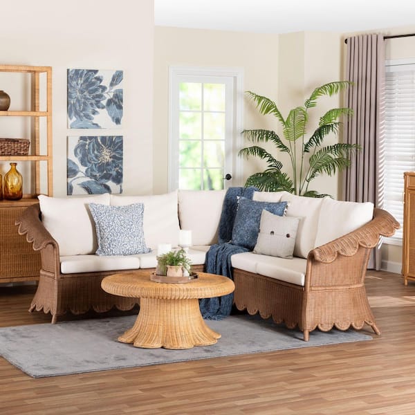 Detta 91.7 in. 3-Piece Peanut Brown Rattan Sectional Sofa with Fabric Cushions