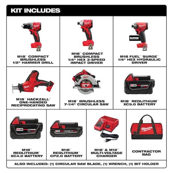 M18 18-Volt Lith-Ion Brushless Cordless Combo Kit (4-Tool) w/ 3-Batteries, 1-Charger, & SURGE Impact Driver