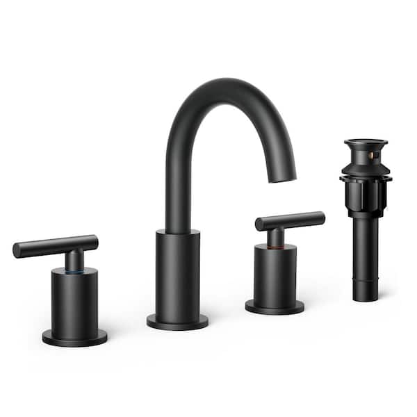 FORIOUS 2-Handle Bathroom Faucet 3 Hole Widespread Bathroom Sink Faucet with Metal Drain and Supply Hose Black