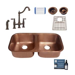 Kandinsky All-in-One Copper Sink 32-1/4 in. Double Bowl 50/50 Undermount Kitchen Sink with Pfister Faucet and Drains