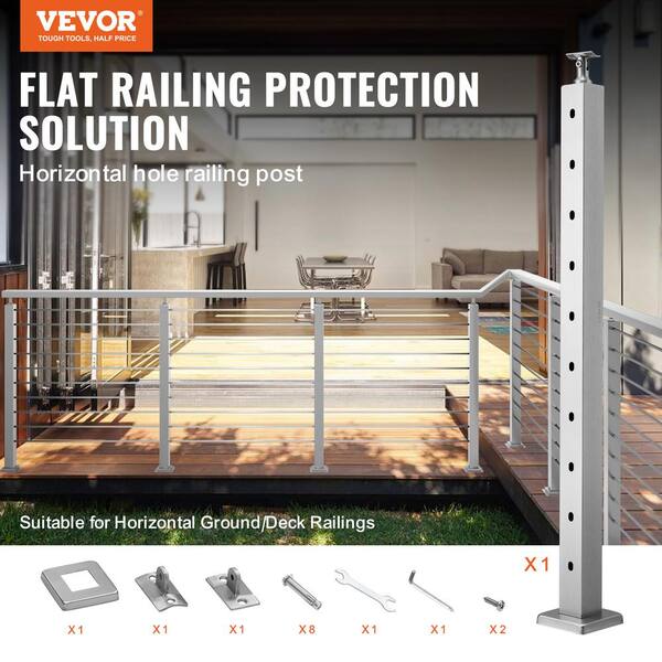 VEVOR Cable Railing Post 36 in. L x 2 in. W x 2 in. H Steel 30° Hole Stair Post SUS304 Stainless Steel Cable Rail Post Silver