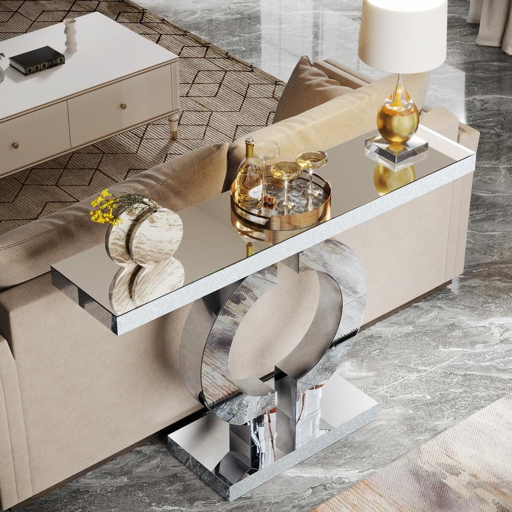 Silver Mirrored Glass Console Table with O-Shaped Base
