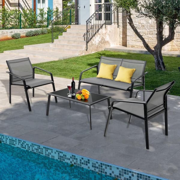 Gray 4-Piece Metal Patio Conversation Seating Set