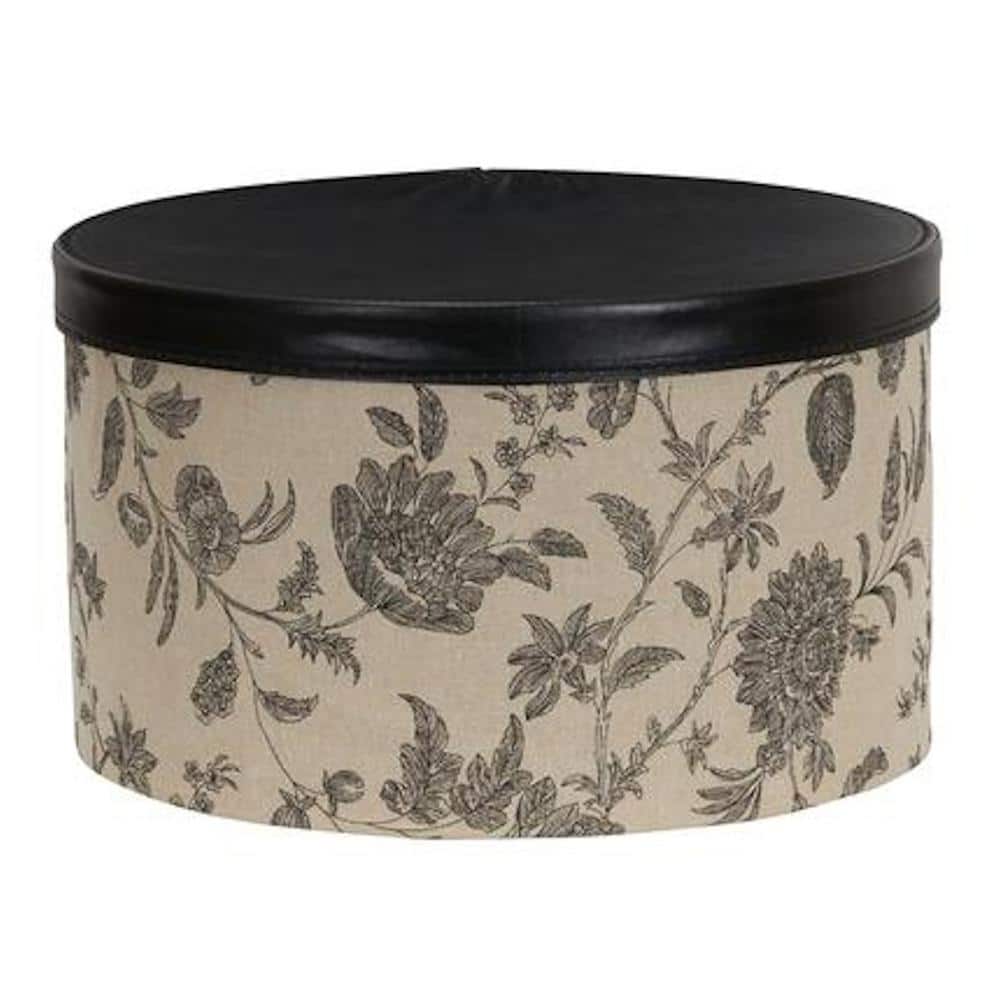 Set of Three Round Black and Tan Faux Leather Floral Storage Boxes