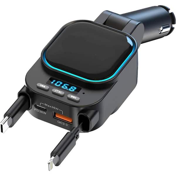 Retractable Car Charger, 4 in 1 Fast Car Phone Charger 96-Watt, 2 Retractable Cables with Bluetooth 5.3 FM Transmitter