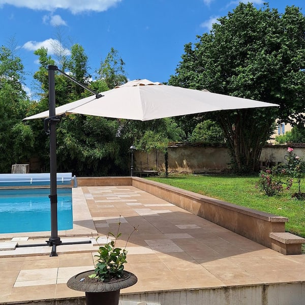 9 ft. x 11.5 ft. Aluminum Outdoor Patio Cantilever Umbrella Offset 360° Rotation Umbrella with Base, Beige
