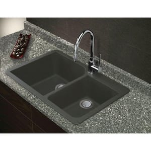 Radius Drop-in Granite 33 in. 4-Hole 1-3/4 Offset Double Bowl Kitchen Sink in Grey