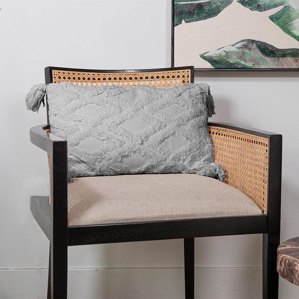 Gray Cotton Macrame Tassel Throw Pillow Set, 20 x 12 in