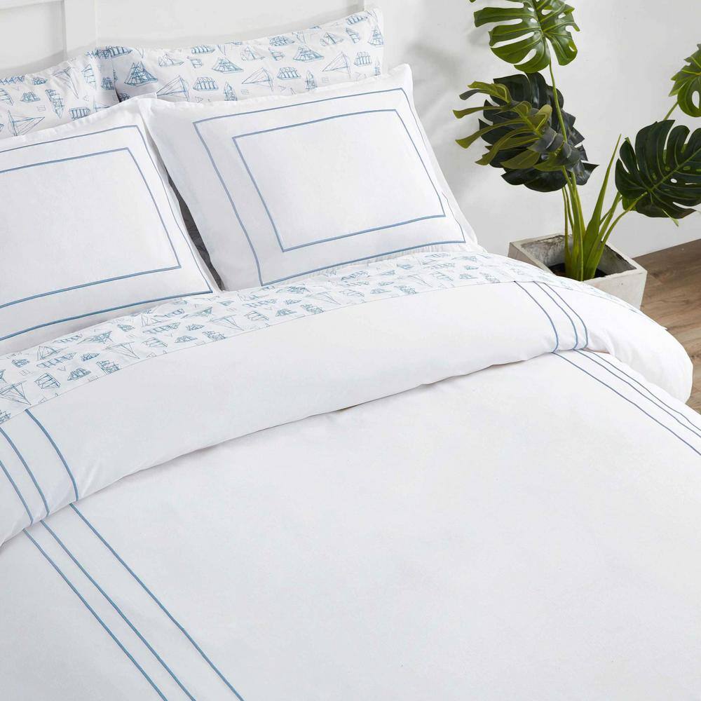 White Cotton Queen Duvet Cover Set with Blue Embroidery