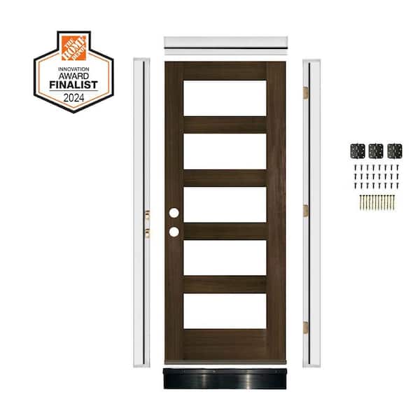 DIY RTA Kit 32 in. x 80 in. Modern Hemlock RH/Inswing 5-Lite Clear Glass Black Stain Wood Ready to Assemble Front Door