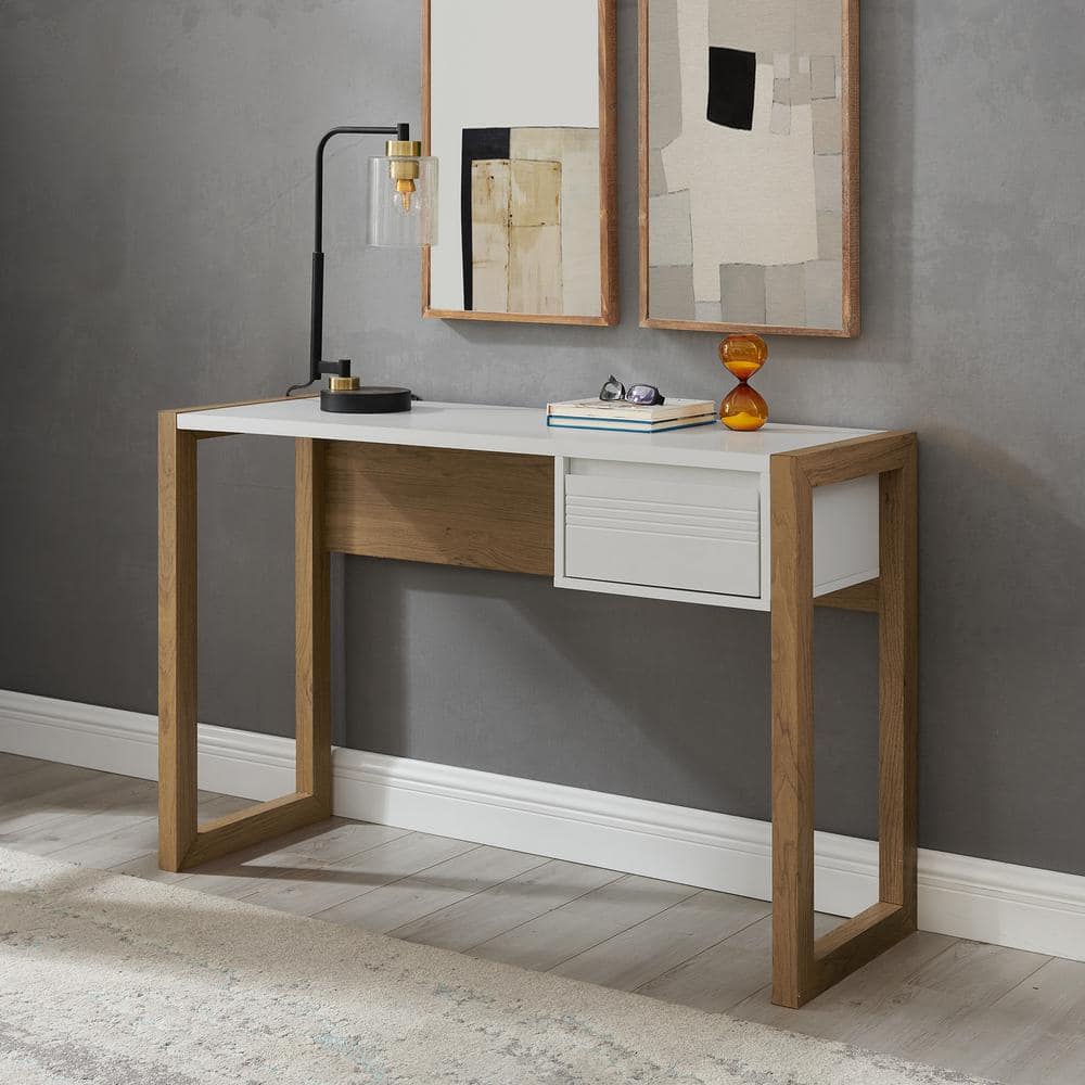 Ashton 46" English Oak and Solid White Modern Writing Desk with Drawer