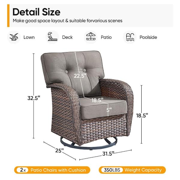 T-Frame Brown Wicker Outdoor Rocking Chairs with Olefin Gray 5 in. Thick Cushion /Patio Swivel Gliders (2-Pack)