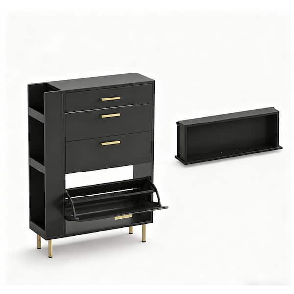41 in. H x 9.4 in. D Black w/2-Flip Drawers and Narrow Shoe Rack Cabinet, Freestanding Shoe Storage Cabinet for Entryway