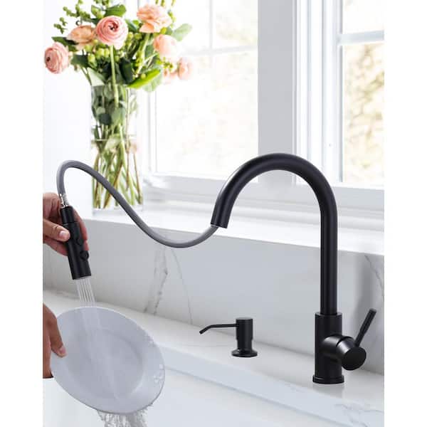 Single Handle Pull Down Sprayer Kitchen Faucet with Soap Dispenser in Matte Black
