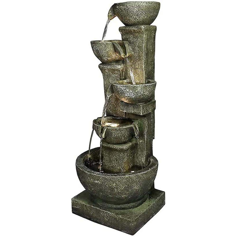 39.30 in. Tall Outdoor 5-Tier Gray Resin Water Fountain With LED ...