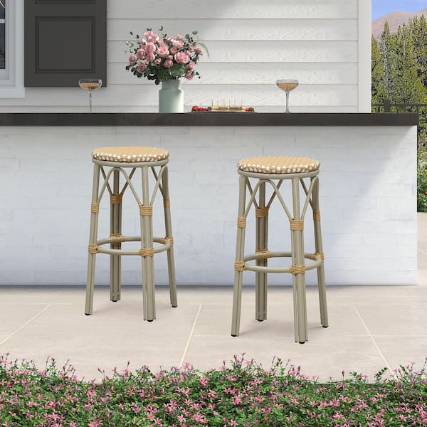 Modern Aluminum Backless Rattan Bar Height Outdoor Bar Stool with Amber and White Cushion, Champagne(2-Pack)
