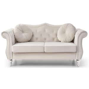 Hollywood 68 in. Round Arm Velvet Rectangle Tufted Straight Sofa in Beige