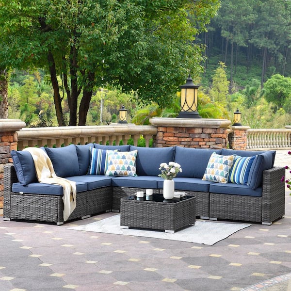 XIZZI Gemini 7-Piece Wicker Outdoor Sectional Set with Denim Blue