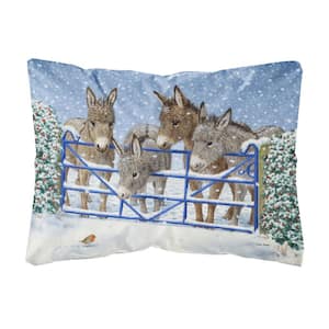 12 in. x 16 in. Multi-Color Lumbar Outdoor Throw Pillow Donkeys and Robin at the Fence Fabric Decorative Pillow