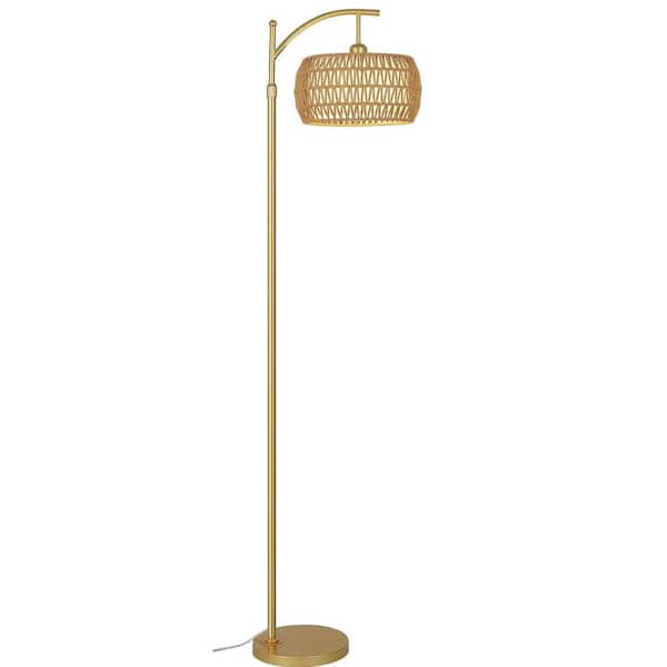 Avex 65 in. Gold+Black Farmhouse 1-Light Smart Dimmable Standard Floor Lamp with Rattan and Fabric Double Drum Shade