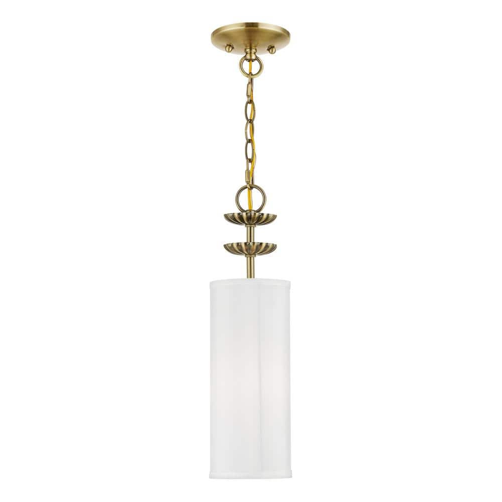 Antique Brass Floral Mini Pendant with Off-White Drum Shade