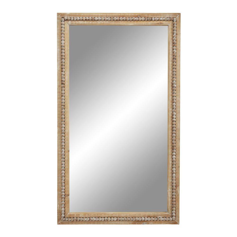 Light Brown Bohemian Wood Rectangular Wall Mirror with Beaded Detail