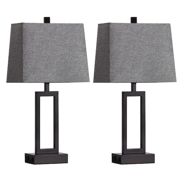 Cinkeda 23.5 in. Grey Touch Control Mental Table Lamp Set with USB 