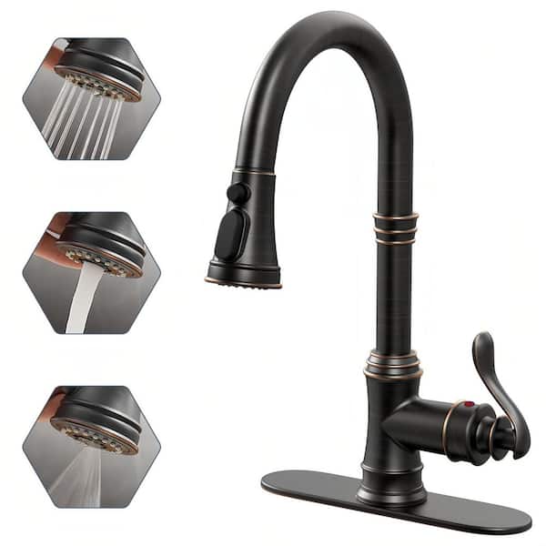 Single Handle Pull Down Sprayer Kitchen Faucet with Advanced Spray with Deck Plate in Oil Rubbed Bronze