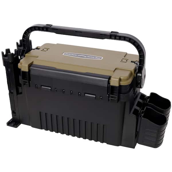 Tidoin 22.5 in. Army Green Dual-Layer Large Organizer Fishing Tackle Box with 2 Rod Holder, 2 Cup Holder and Strap