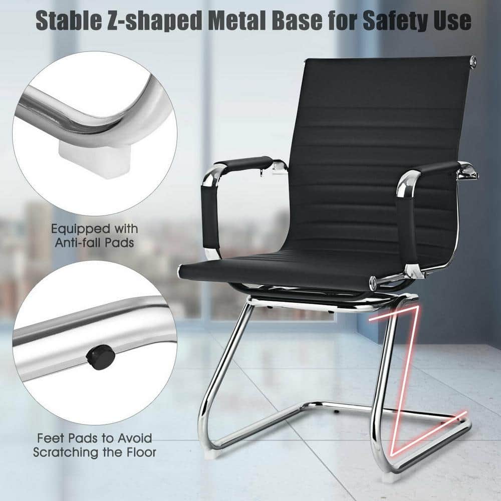 Black PU Leather and Metal Sled Base Office Chairs, Set of 2