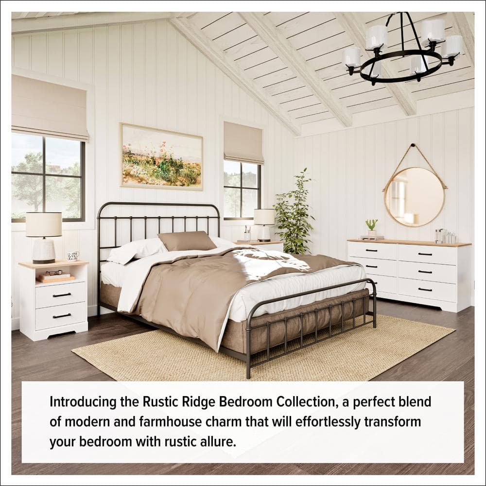 Rustic White and Oak Double Dresser with Six Drawers