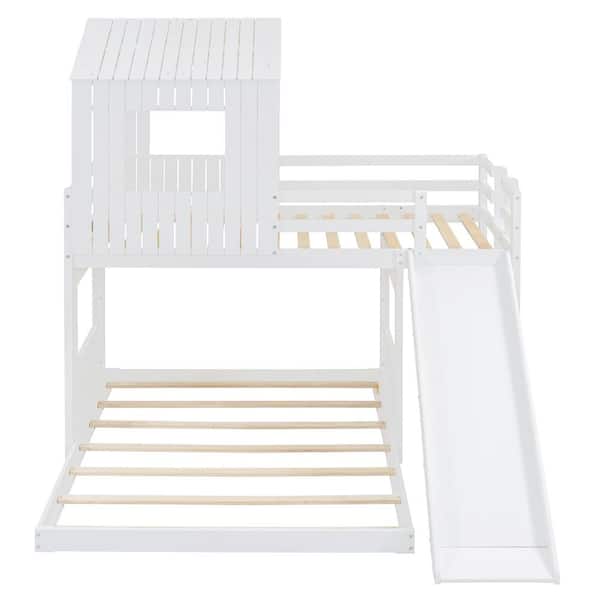 White Wood Frame Twin over Full House Bunk Bed with Slide, Roof and Windows Design