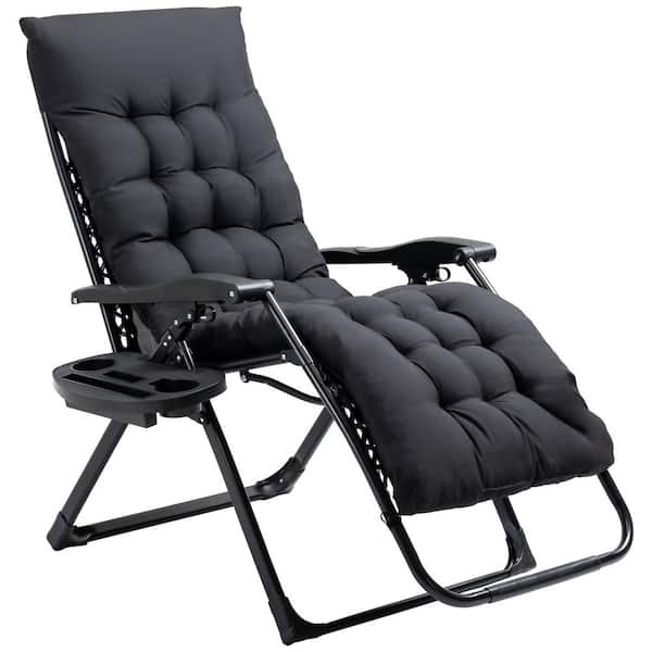 Sudzendf Black Folding Metal Reclining Outdoor Lounge Chair with Black Cushions and Side Tray